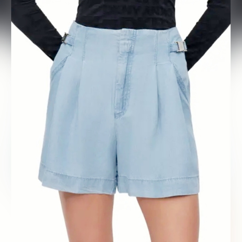 DKNY Pleated Chambray 100%Lyocell Women's Shorts High Waist Light Blue Large